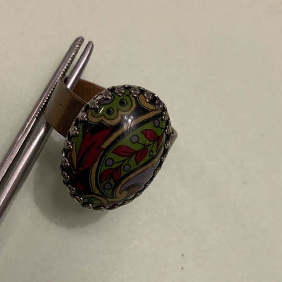 Vtg Antique Copper Multicolor Paisley Cabochon Ring in Beveled Setting Sz 7 - Picture 5 of 16